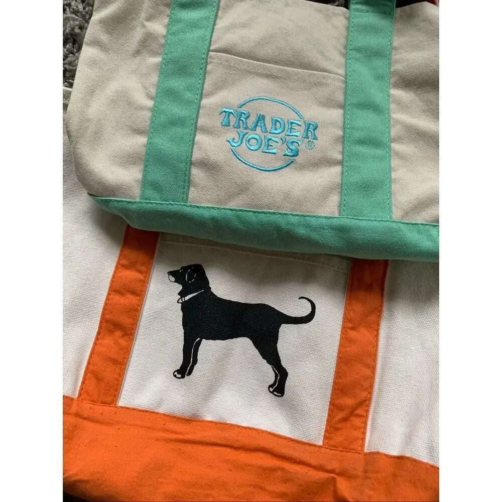 TRADER JOE’S MINI mint green & TGE Black Dog Marthas Vineyard CANVAS Tote Bag Lo